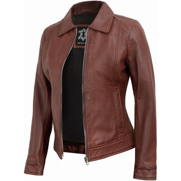 Women's Real Lambskin Outwear Jackets Stylish Turn Down Collar Brown Leather - Picture 2 of 5